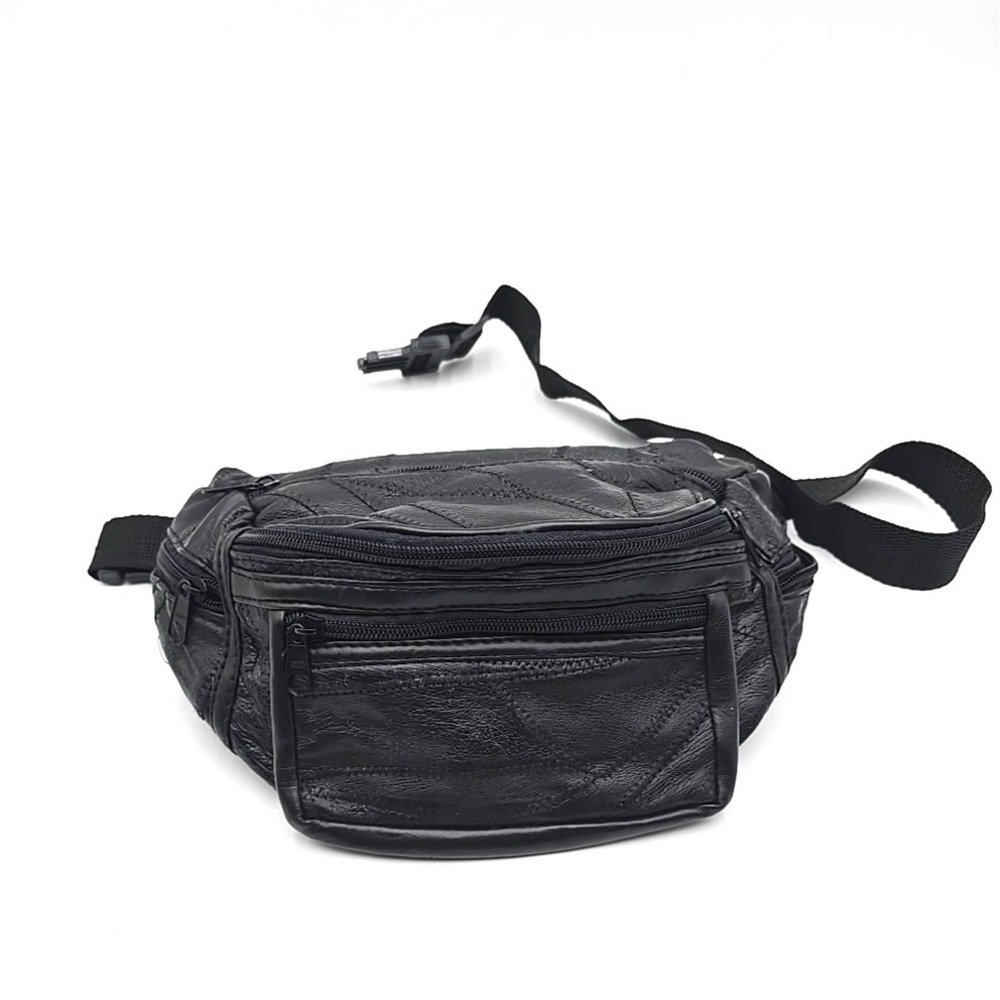 Fanny Pack Leather Patch Work Zipper Pouches Black Waist  Hiking Camp Old School
